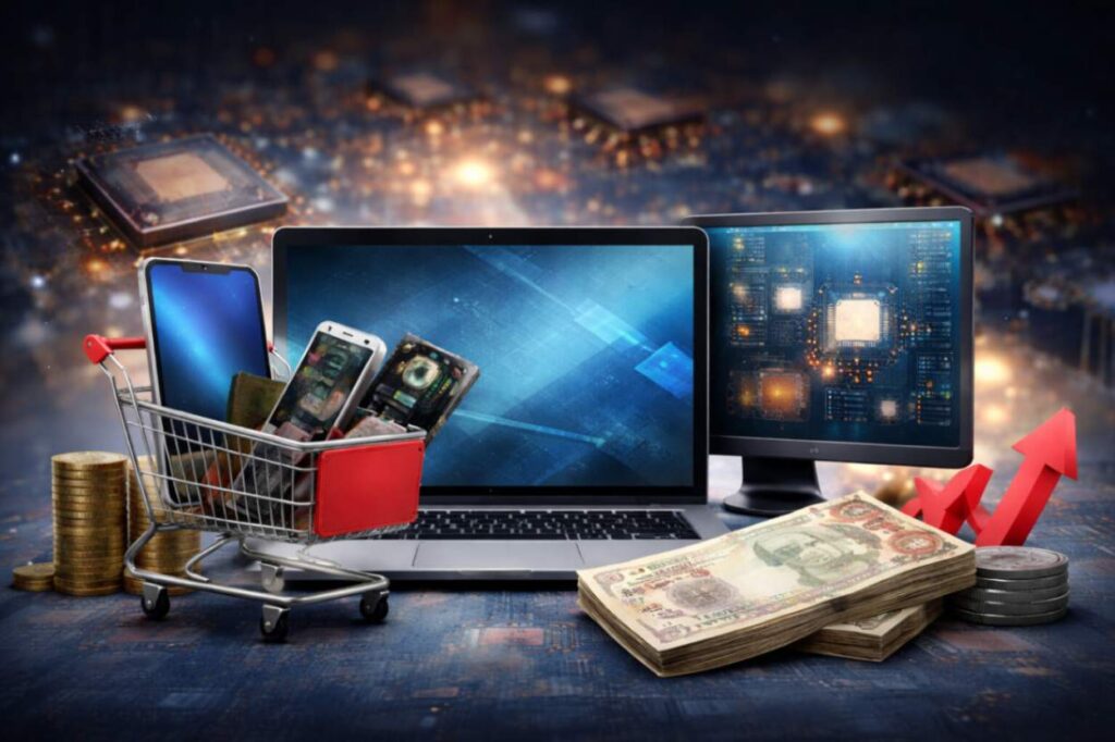 Rising digital device prices in Nepal 2026 with laptop, smartphone, and money